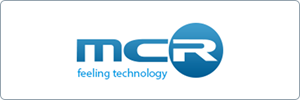 Logo for MCR featuring the text mcr in lowercase blue letters, with the R inside a blue circle. Below, the tagline reads feeling technology in light blue lowercase letters on a white background.