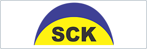 Logo with the letters SCK in bold black font on a yellow semicircle background, overlaid by a larger blue semicircle, all set against a white rectangle.