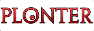 The image shows the word PLONTER in bold, red, uppercase letters with a stylized O featuring a spiral design inside it, set against a white background with a thin gray border.
