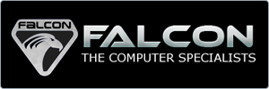 Logo with a silver falcon head inside a shield on the left, and the text FALCON THE COMPUTER SPECIALISTS in silver letters on a black background.