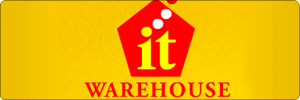Logo with a yellow background shows a red pentagon with “it” in bold yellow letters inside and three white circles above. Below the pentagon, the word “WAREHOUSE” appears in bold red capital letters.