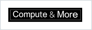 A rectangular logo with a black background and white border containing the text Compute & More in white letters.