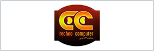 Logo with two stylized orange letters C facing each other above the text techno computer and a tagline your pc solution, all on a dark red circular background.