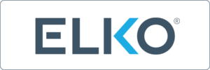 Logo with the word ELKO in bold, dark blue capital letters, where the letter K is stylized in a lighter blue color. The text is centered on a dark rectangular background.