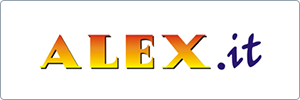 Logo with the text ALEX.it where ALEX is in a gradient of orange to yellow with a shadow effect, and .it is in dark blue, all on a white background with a thin gray border.