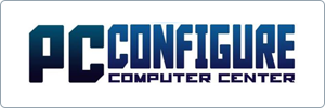 Logo for PC Configure Computer Center with bold, blue gradient letters on a white background and a thin gray border.