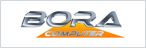 Logo with the word BORA in metallic letters above the word COMPUTER in orange letters, both set on an orange triangular background.
