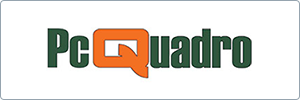 Logo with the text PcQuadro. The Q is in orange with a speech bubble design, while Pc and uadro are in dark green letters. The background is white with a thin gray border.