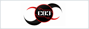 A logo featuring a black circle with red circuit lines and the letters COC in white, flanked by two interlocking black and red curved shapes on a white background.