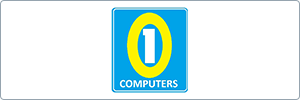 Logo with a blue background featuring a large yellow zero with a white number one inside it and the word COMPUTERS in white text below.