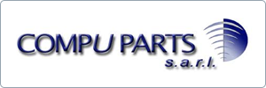 Logo for COMPU PARTS s.a.r.l. with blue text and a blue, wireless signal-like graphic on the right side.