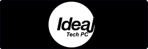 A black background with a large white circle in the center. Inside the circle, the word Ideal is bold and black, with Tech PC in smaller text underneath.