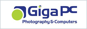 Logo for GigaPC, featuring a green and white abstract graphic on the left and the text GigaPC Photography & Computers in blue on a white background.