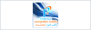 Logo for Fawaz Computer Center with stylized blue and orange text in English and Arabic over a blue, white, and gray abstract background.