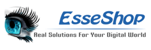 Logo for EsseShop featuring a detailed blue eye with long eyelashes on the left, the brand name in blue text, and the tagline Real Solutions For Your Digital World underneath in gray.