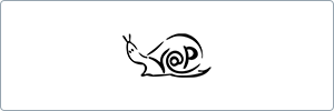 A simple black and white illustration of a snail with an @ symbol integrated into the spiral of its shell, representing the concept of slow email or snail mail.