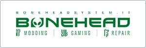 Logo for BONEHEAD featuring a stylized alien face in the letter O, and text below reading MODDING | GAMING | REPAIR. The website boneheadsystem.it is displayed at the top.