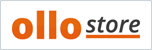 Logo for ollo store with ollo in bold orange lowercase letters and store in gray lowercase letters, underlined, on a white background with a thin gray border.