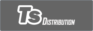 White TS Distribution logo with bold letters on a gray rectangular background.