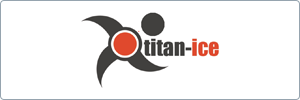 Logo for titan-ice featuring a black and red abstract design resembling blades or a fan, with titan in black and ice in red lowercase text on a white background.