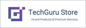 A logo with a purple geometric design on the left and the text TechGuru Store on the right. Below it reads, Hi-end Products & Premium Services on a white background.