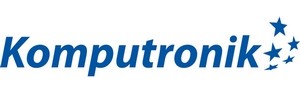 The image shows the Komputronik logo with the brand name in blue letters and several blue stars of varying sizes to the right of the text.