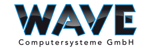 Logo for WAVE Computersysteme GmbH. The word WAVE is in large, bold black letters with a blue outline and a wave pattern across the text. Below, Computersysteme GmbH is written in smaller, black letters.