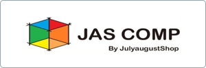 Logo of JAS COMP by JulyaugustShop, featuring a colorful 3D cube with blue, green, red, yellow, and orange faces to the left of the brand name in bold black text.