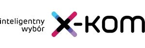 The image shows the logo for x-kom with the text inteligentny wybór on the left and x-kom in bold black letters. A stylized X in blue and pink appears before kom.