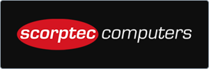 Scorptec Computers logo with scorptec in white lowercase letters inside a red oval and computers in white lowercase letters to the right, all on a black background.