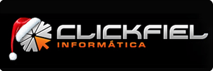 Logo for Clickfiel Informática on a black background. The logo features a stylized icon with part of it wearing a red and white Santa hat, adding a festive touch. Informática is written in orange below.