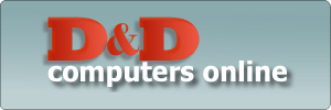Logo for D&D computers online with bold red D&D text above smaller white computers online text on a light blue-grey background.