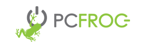 Logo for PCFROG featuring a green frog climbing on a stylized circular power button symbol, with PC in gray and FROG in green text.