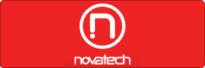 Red rectangle with a white circular logo containing a stylized lowercase n above the word novatech in a modern, white font.