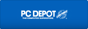 A blue rectangular logo featuring the text PC DEPOT THE COMPUTER SUPERSTORE in white, with a circular LOW PRICE emblem on the right side.