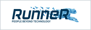 Runner logo with stylized, geometric blue polygons forming a running figure that blends into the letter R. Below, the tagline reads People Beyond Technology.