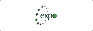 Logo with the word expo in lowercase letters, surrounded by a semi-circular arrangement of green dots, on a white background. The o is designed as a green, circular target-like symbol.