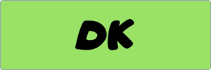 Black letters DK in a bold, playful font centered on a bright green rectangular background with rounded corners.