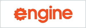The word engine in lowercase orange letters, with the letter e designed to look like a gear, on a white background with a thin gray border.