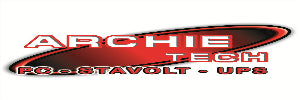 Logo with the text ARCHIE TECH in bold white and red letters over a red and black oval shape, and PC - STAVOLT - UPS written below in red letters. The background is white.
