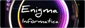 The image features the words Enigma Informatica in a handwritten-style font, centered on a dark background with circular neon light accents in purple and yellow tones.