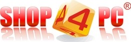 Logo with the text SHOP 4 PC. The number 4 is displayed on a yellow 3D cube, and the rest of the text is in bold red letters with a glossy effect.