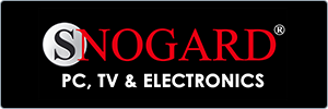 Logo for SNOGARD®. The word SNOGARD is in large red and white letters on a black background, with PC, TV & ELECTRONICS in smaller white text below.