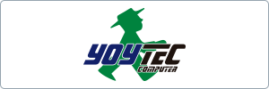 Logo showing a green silhouette of a person walking, with the text Yoytec Computa in blue, black, and green across the center.