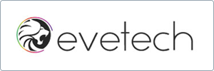 The Evetech logo features the word evetech in lowercase black letters, with a circular graphic to the left containing a stylized lion head outline and a multi-colored border.