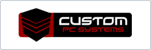 Logo for Custom PC Systems featuring a black and red geometric shield on the left and the company name in bold white and red text on a black background to the right.