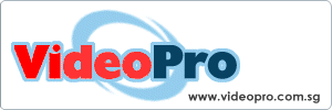 Logo for VideoPro with Video in bold red and Pro in bold blue letters, featuring a blue swirl design in the background and the website www.videopro.com.sg at the bottom right.