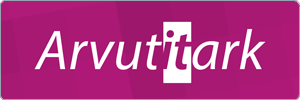 Logo with the word Arvutitark in white letters on a pink background. The i in tark is stylized with a square base.
