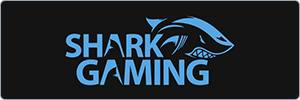 Logo with the words SHARK GAMING in bold blue letters on a black background, featuring a stylized blue shark graphic above and around the text.