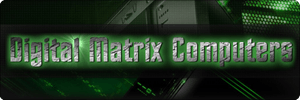 Banner with the text Digital Matrix Computers in green, futuristic font against a background of circuit boards and digital patterns, giving a high-tech, cyber-inspired look.